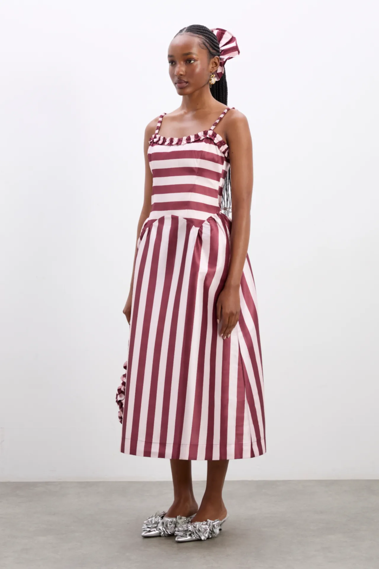 rachel ruffle midi dress- pink burg stripe sold by Damson Madder product image thumbnail 4