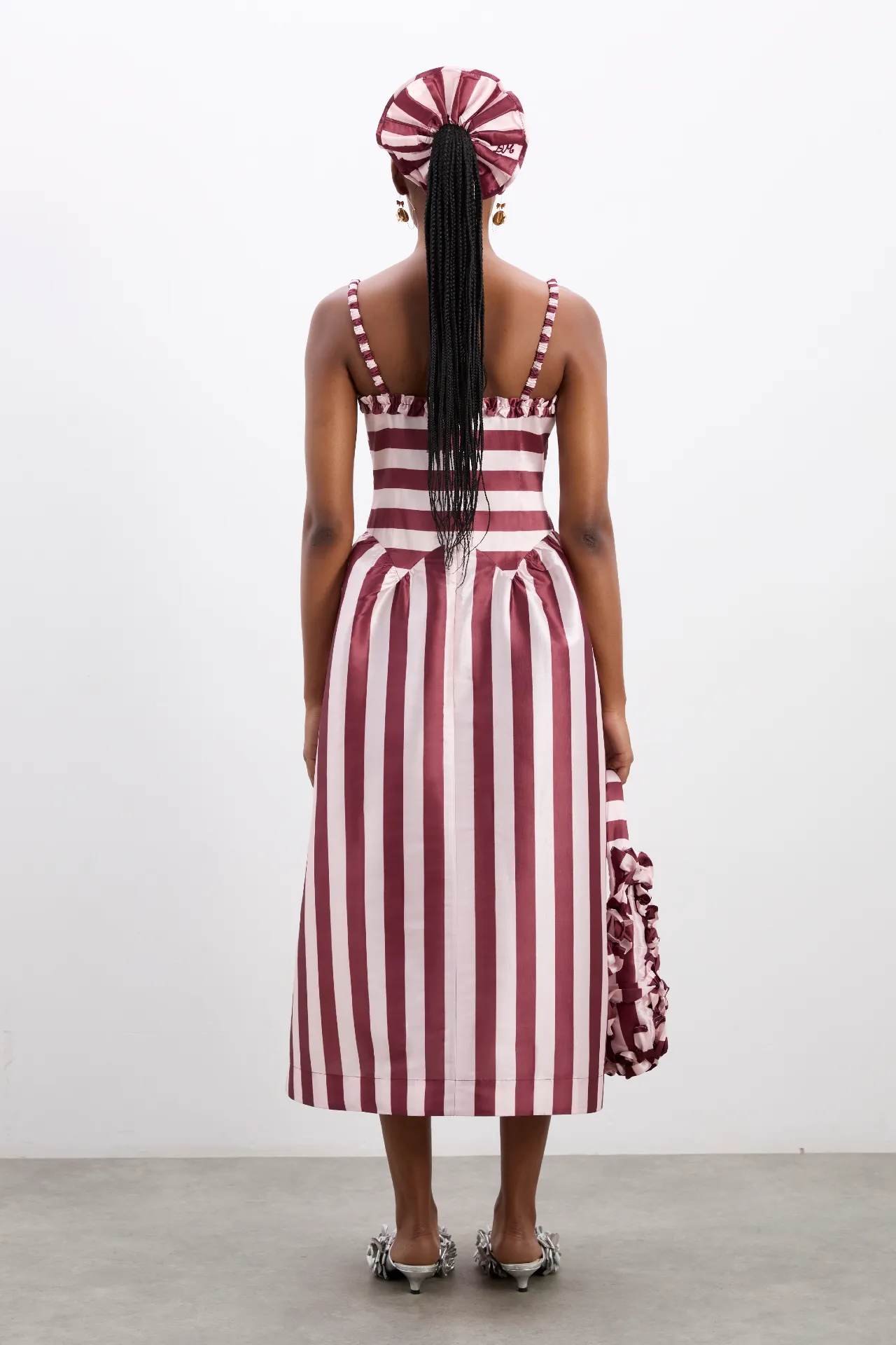 rachel ruffle midi dress- pink burg stripe sold by Damson Madder product image thumbnail 2