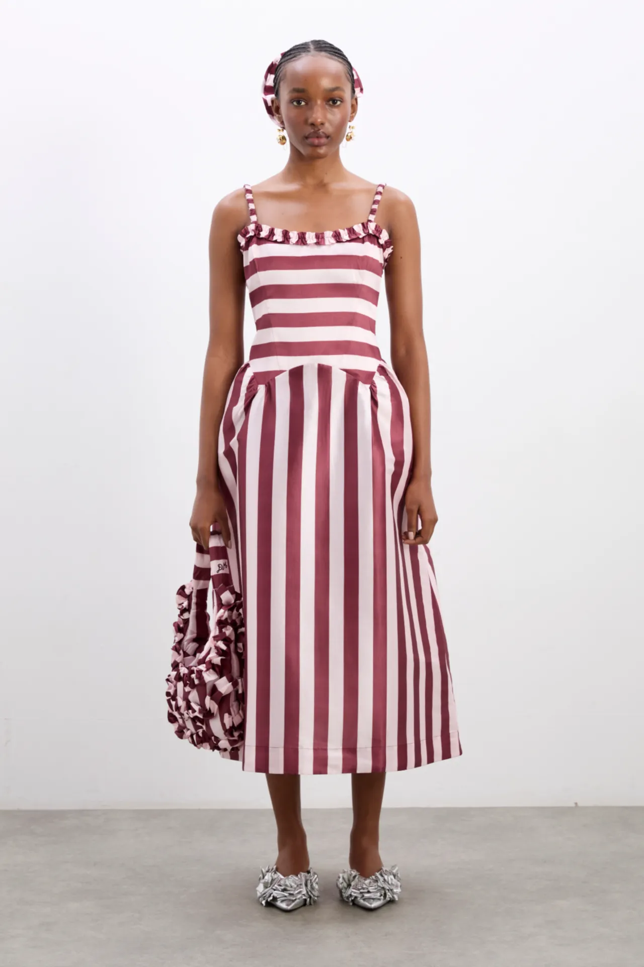 rachel ruffle midi dress- pink burg stripe sold by Damson Madder