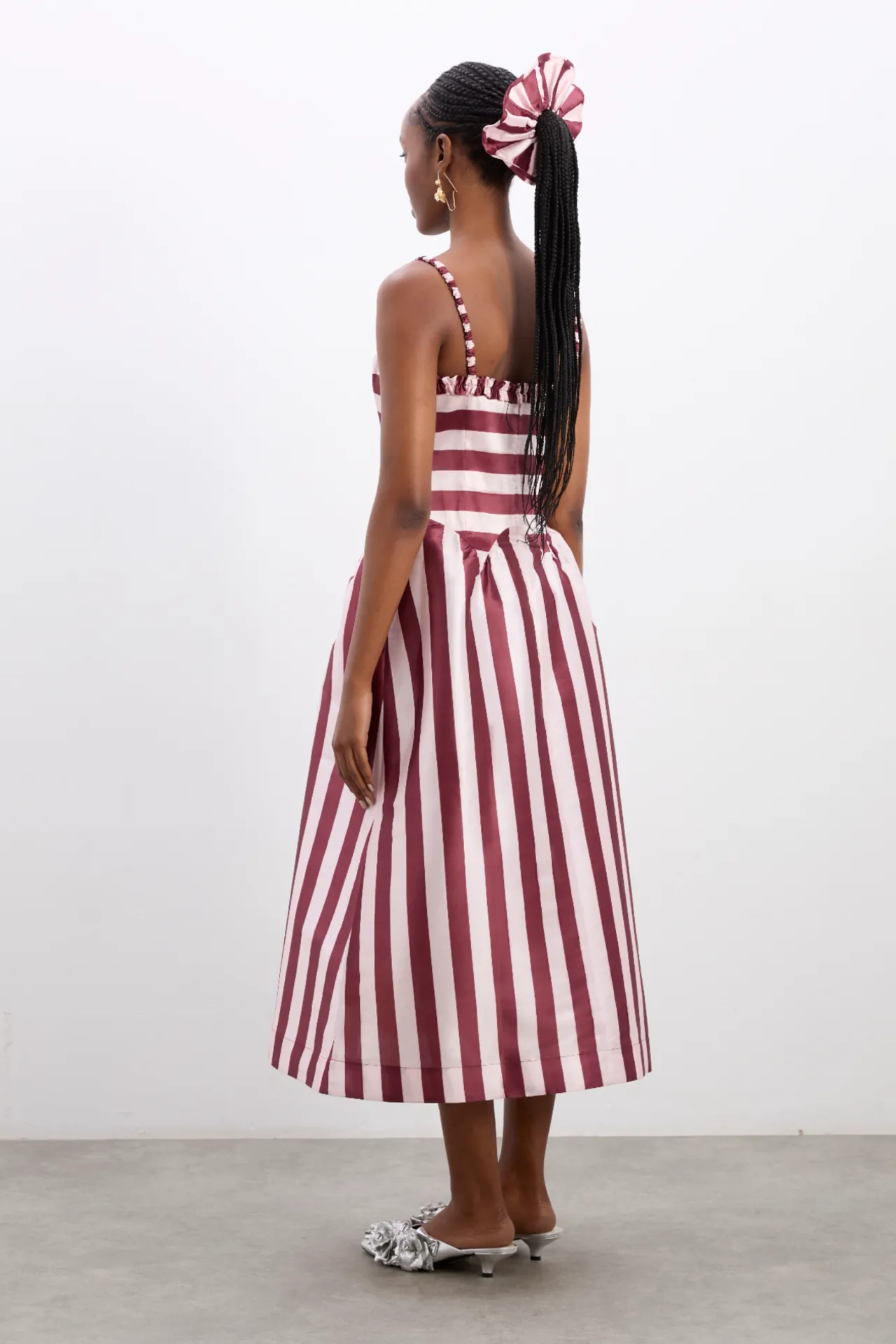 rachel ruffle midi dress- pink burg stripe sold by Damson Madder product image thumbnail 5