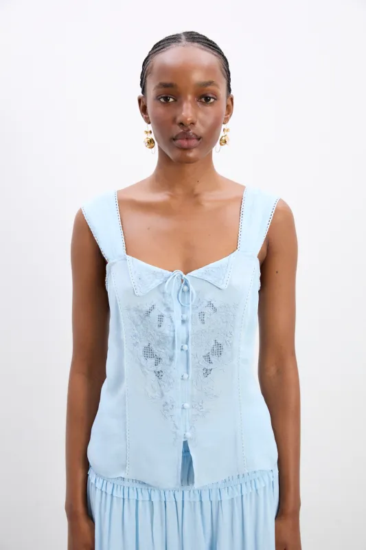 charlotte cami - blue monika jacquard sold by Damson Madder