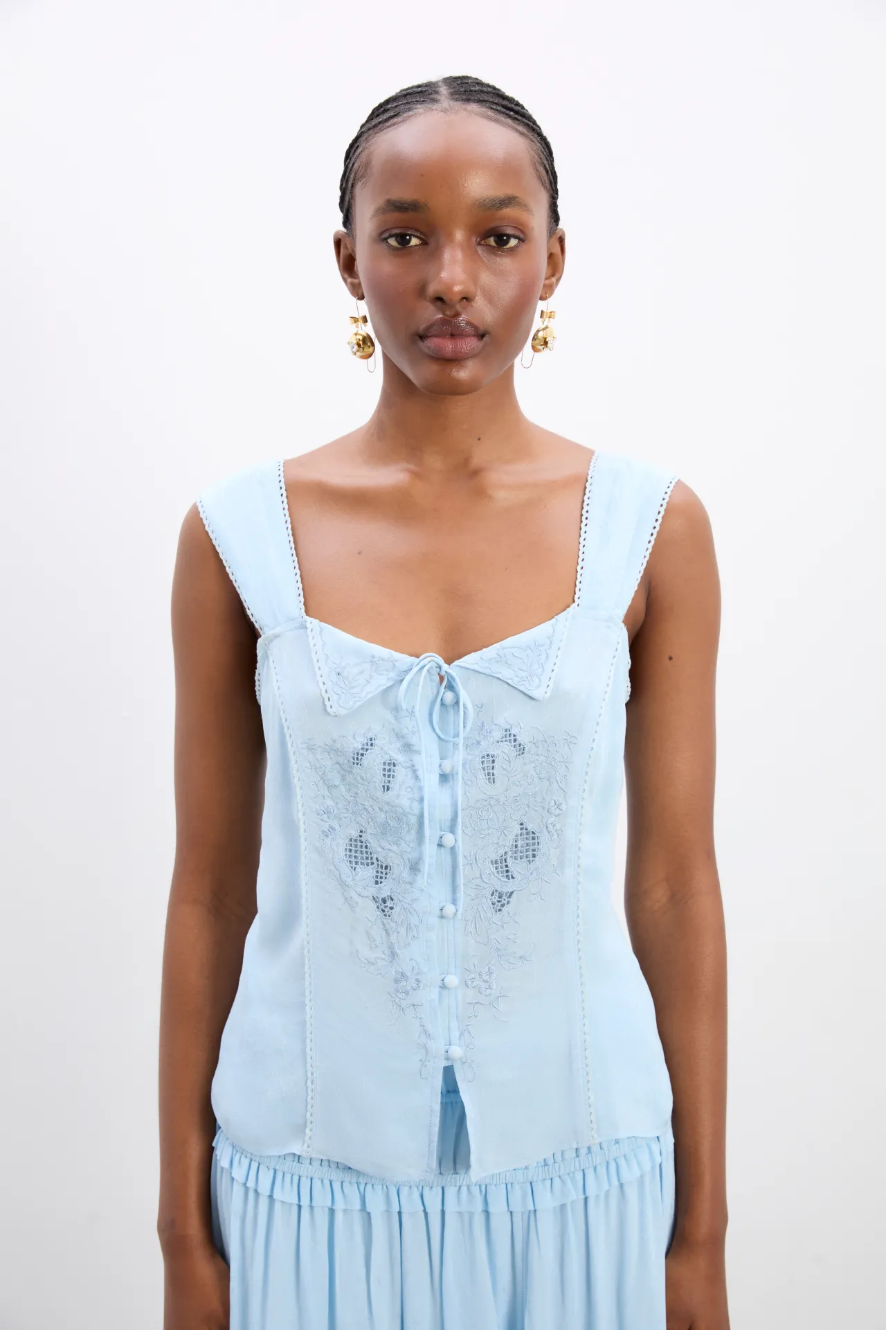 charlotte cami - blue monika jacquard sold by Damson Madder