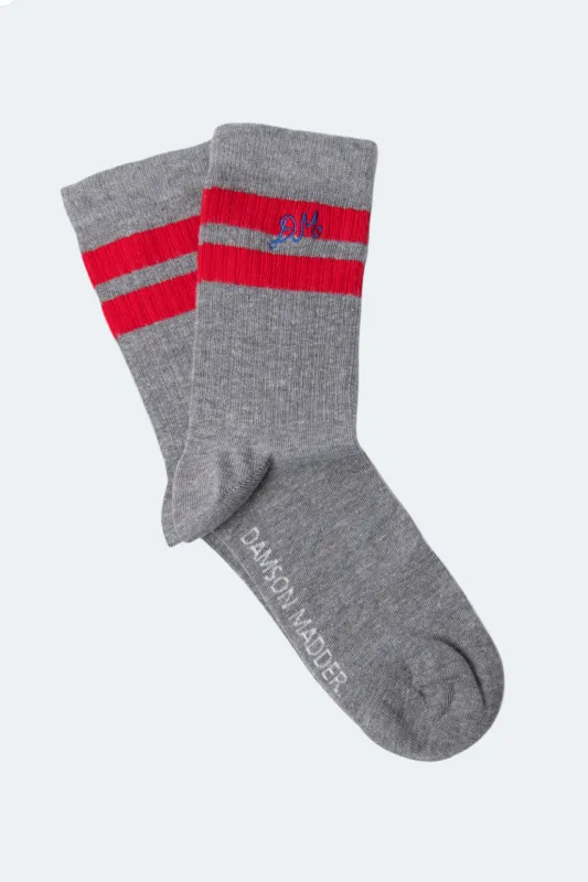 sporty calf socks in grey marl with red stripe sold by Damson Madder