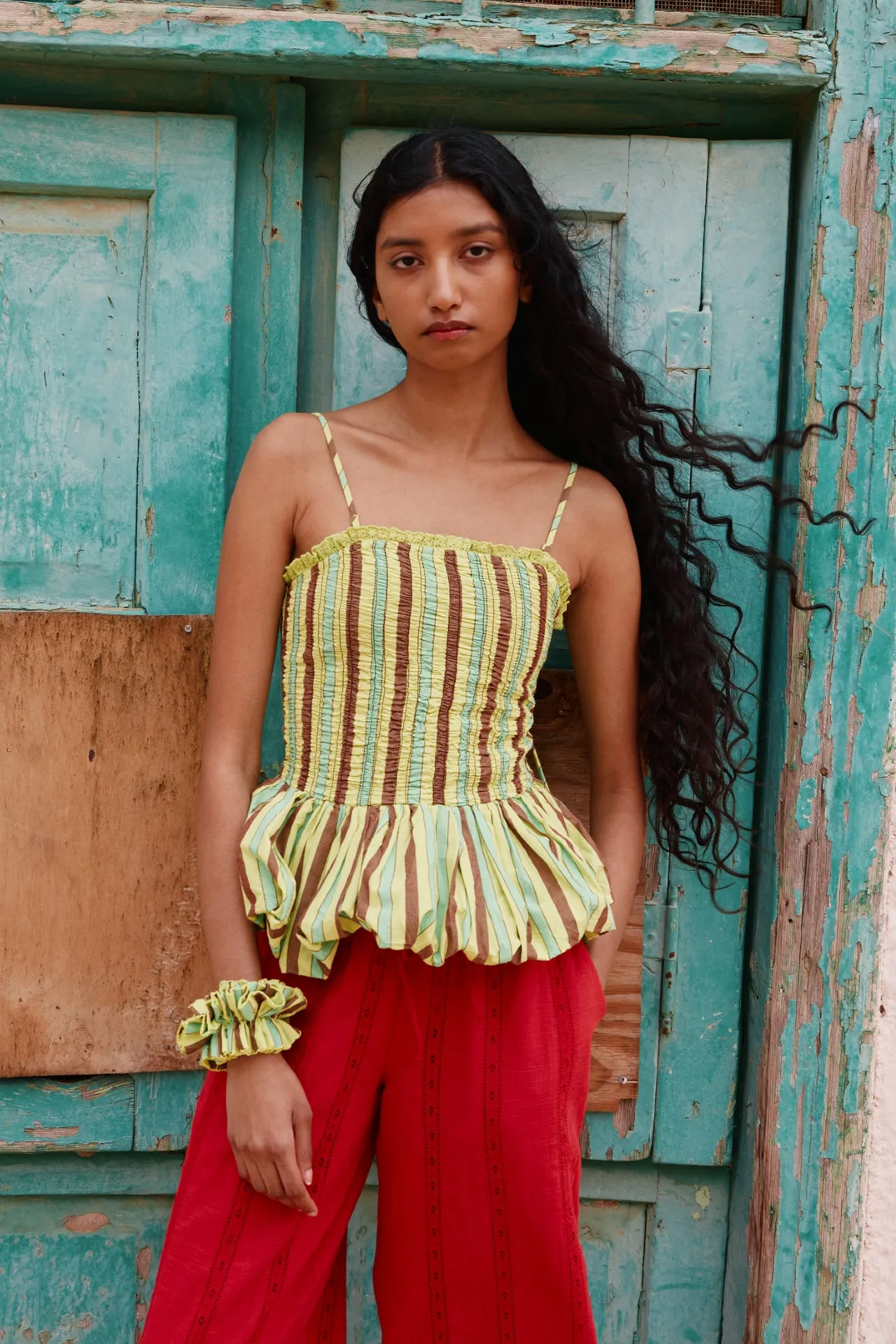 bethan bubble cami - tropical business stripe sold by Damson Madder