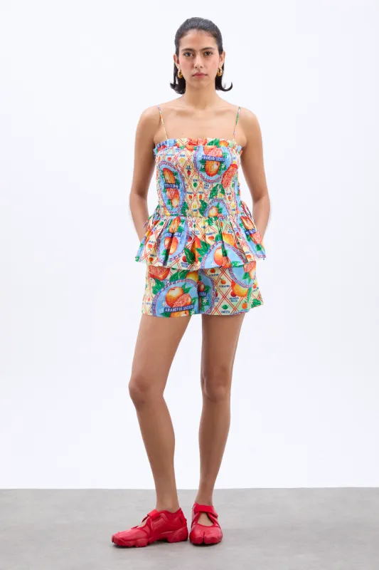 pull on shorts - orange fruit wrapper sold by Damson Madder