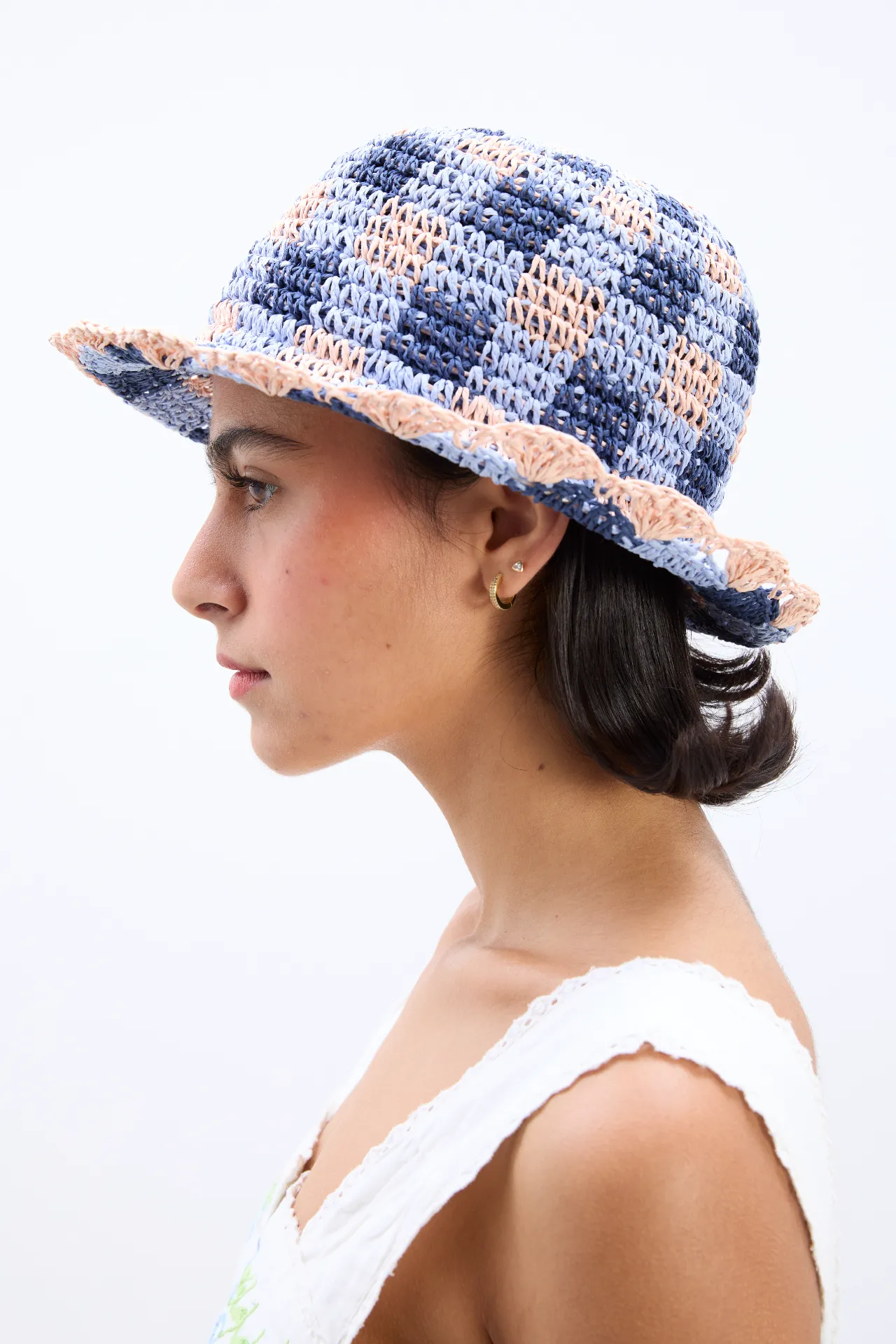 gingham straw bucket hat in navy & pale pink sold by Damson Madder product image thumbnail 2