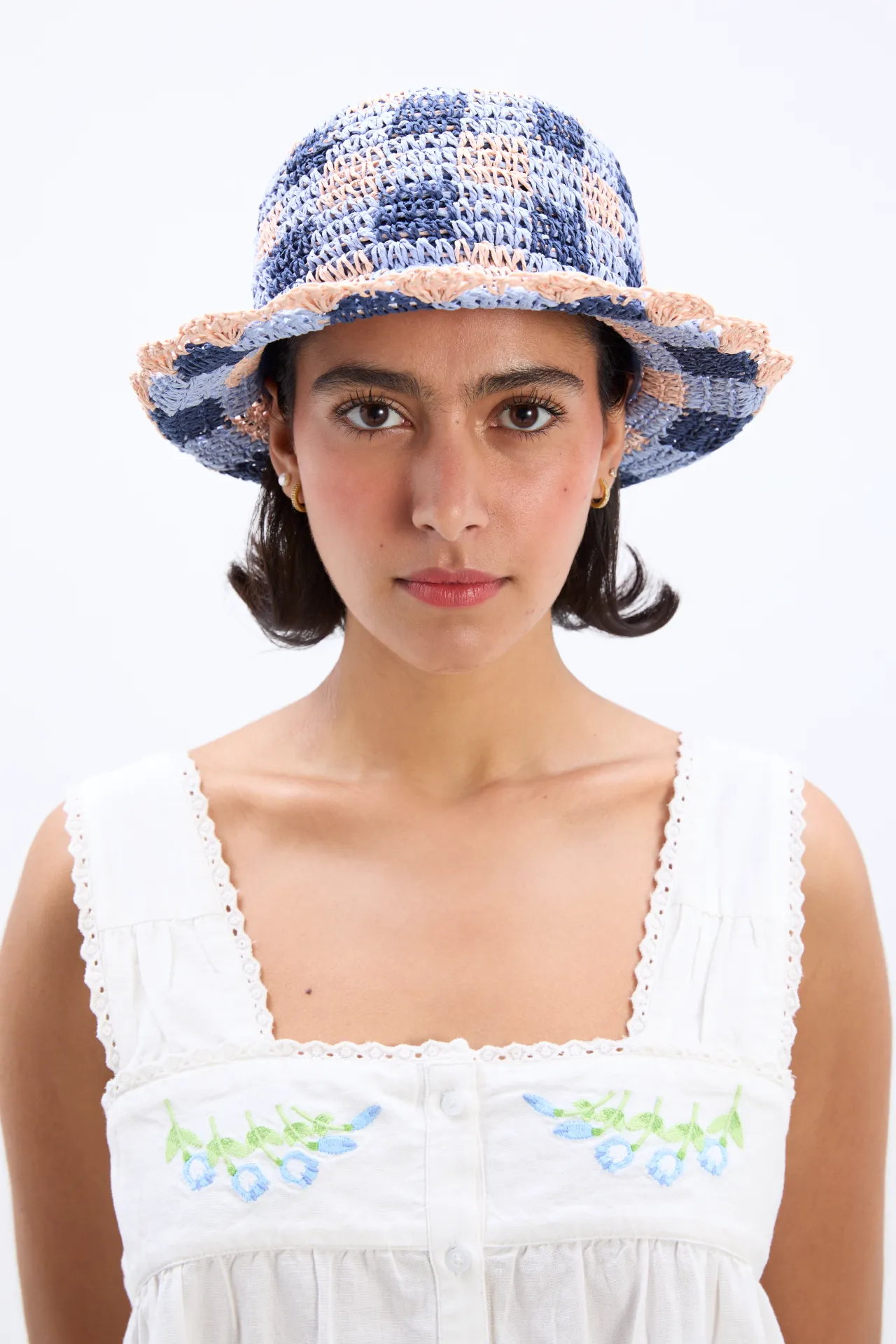 gingham straw bucket hat in navy & pale pink sold by Damson Madder