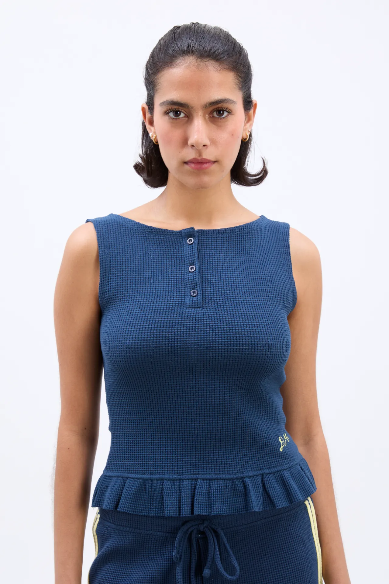 hattie waffle cami - navy/butter sold by Damson Madder