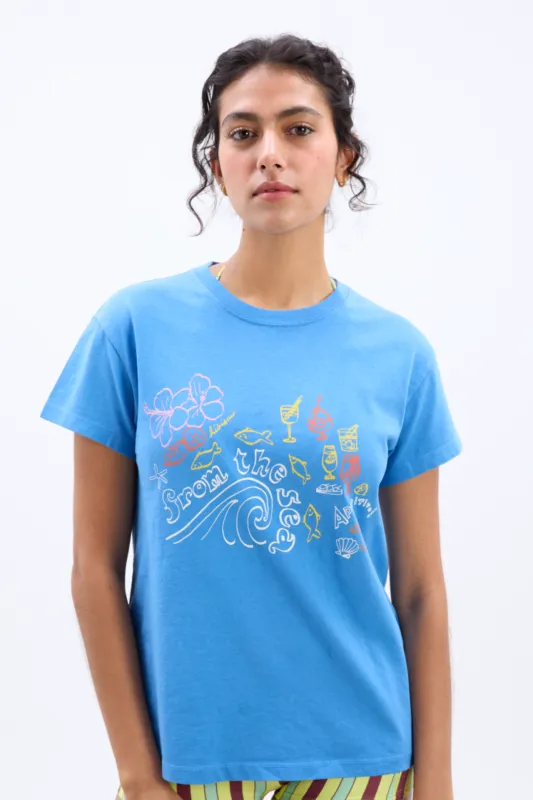 from the sea washed shrunken tee- blue sold by Damson Madder
