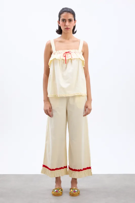 tula frilly hem trouser - butter/red sold by Damson Madder