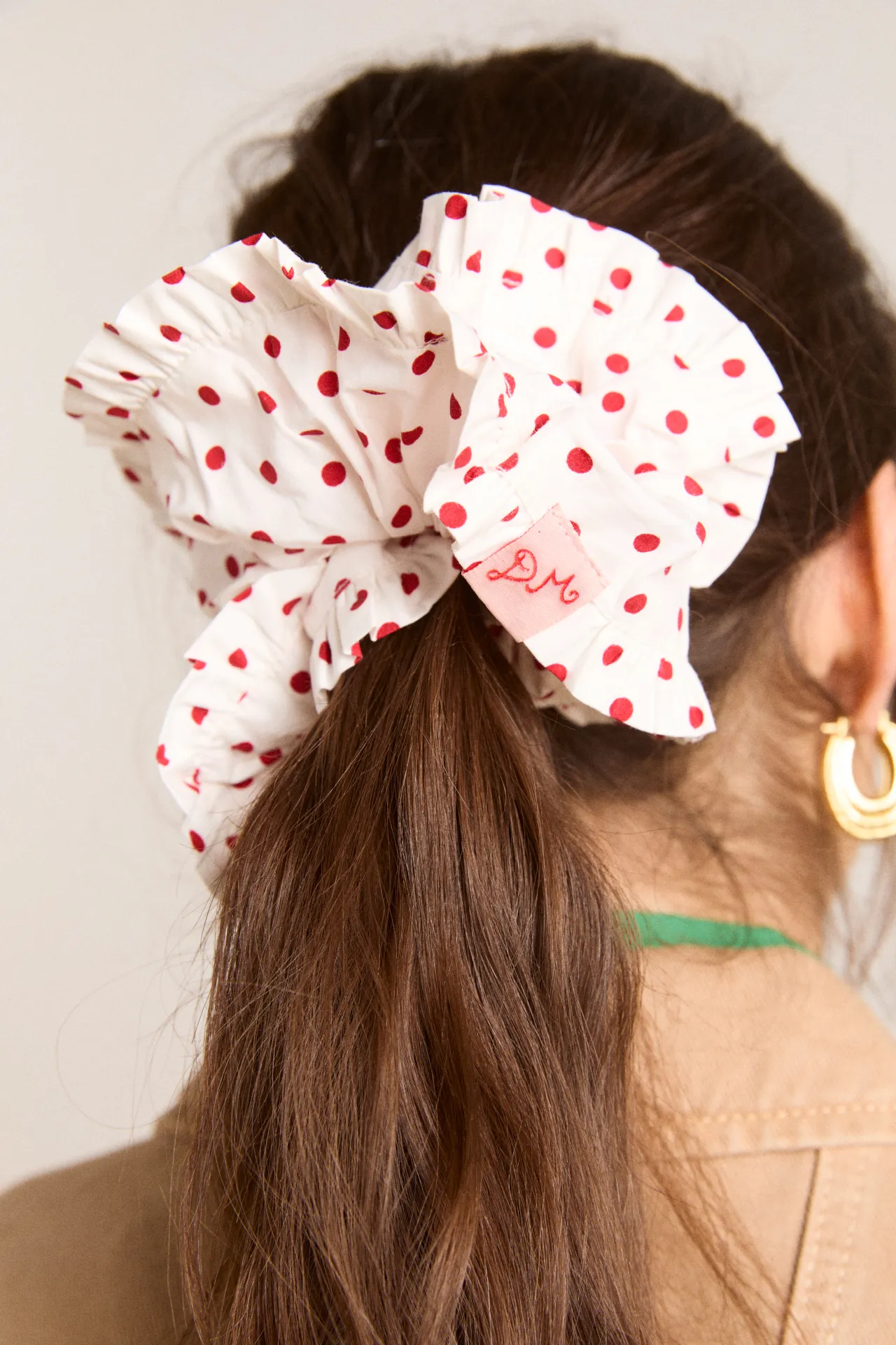 frill edge scrunchie - off white and red spot sold by Damson Madder