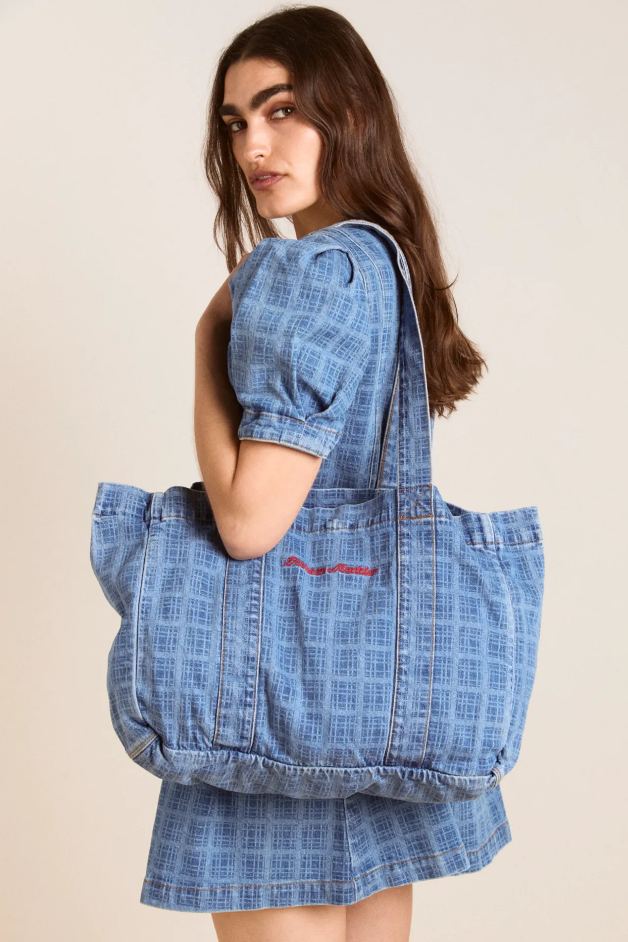 denim tote bag- laser check sold by Damson Madder product image thumbnail 2