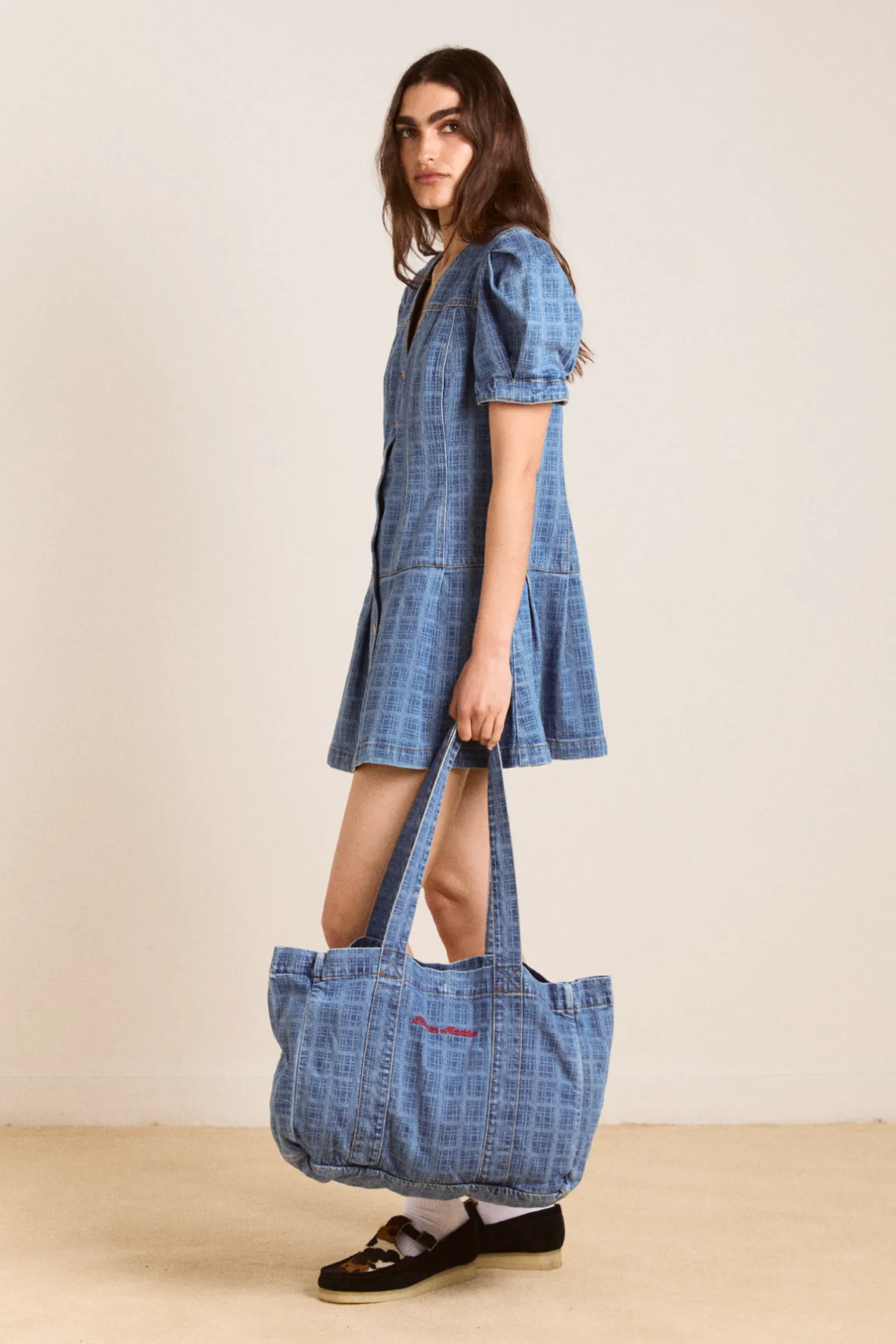 denim tote bag- laser check sold by Damson Madder product image thumbnail 4