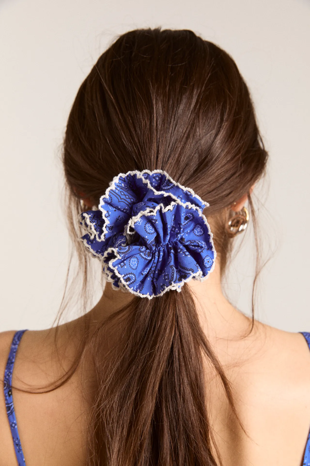 garter scrunchie - blue paisley sold by Damson Madder