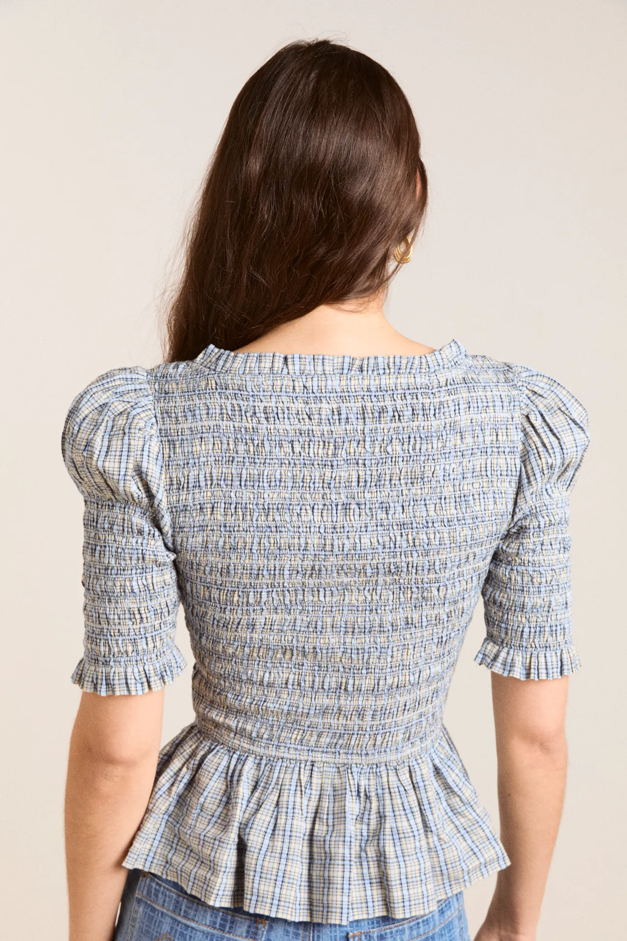 mansi shirred blouse - cloudy check sold by Damson Madder product image thumbnail 3