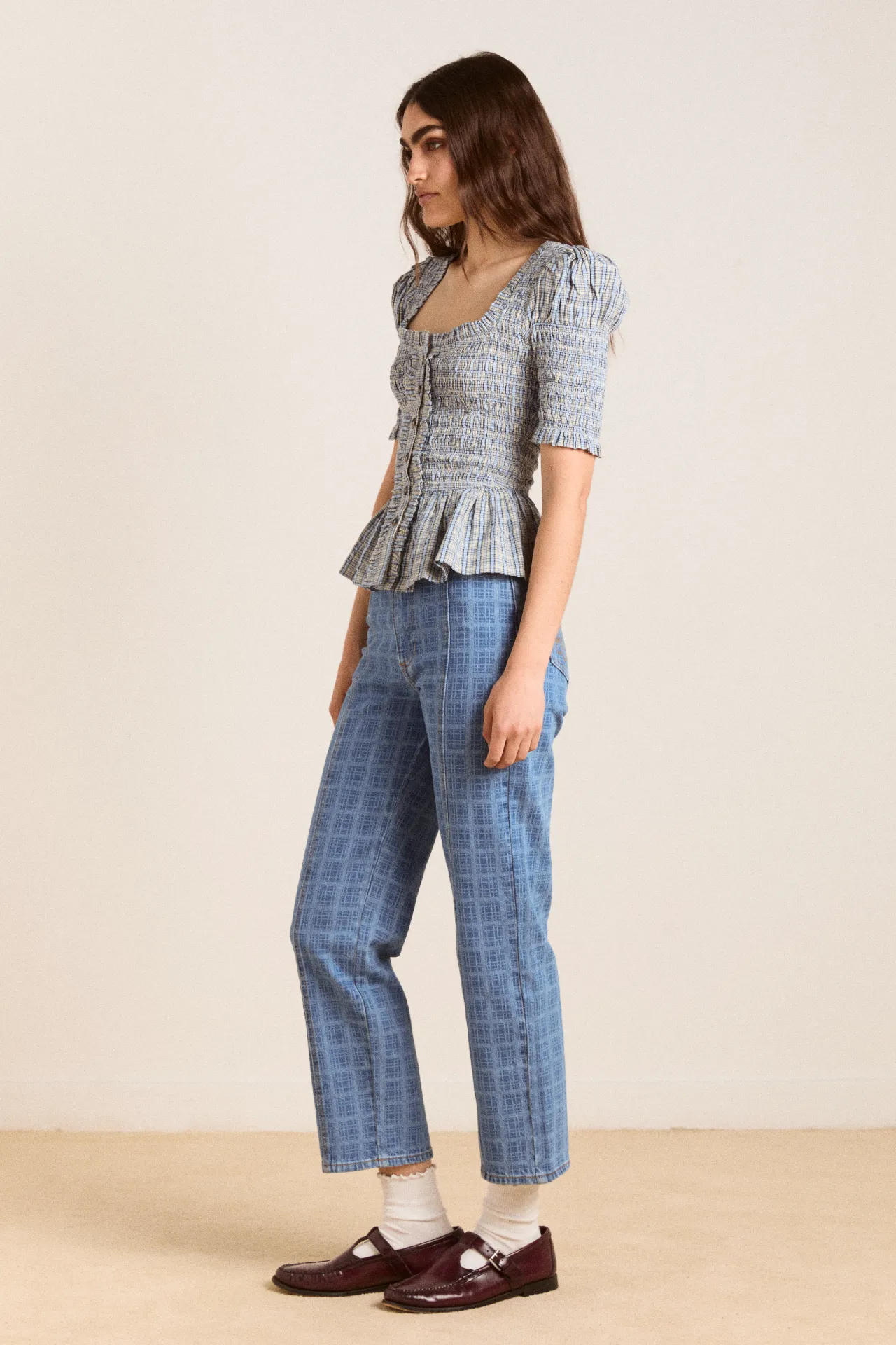 mansi shirred blouse - cloudy check sold by Damson Madder product image thumbnail 4