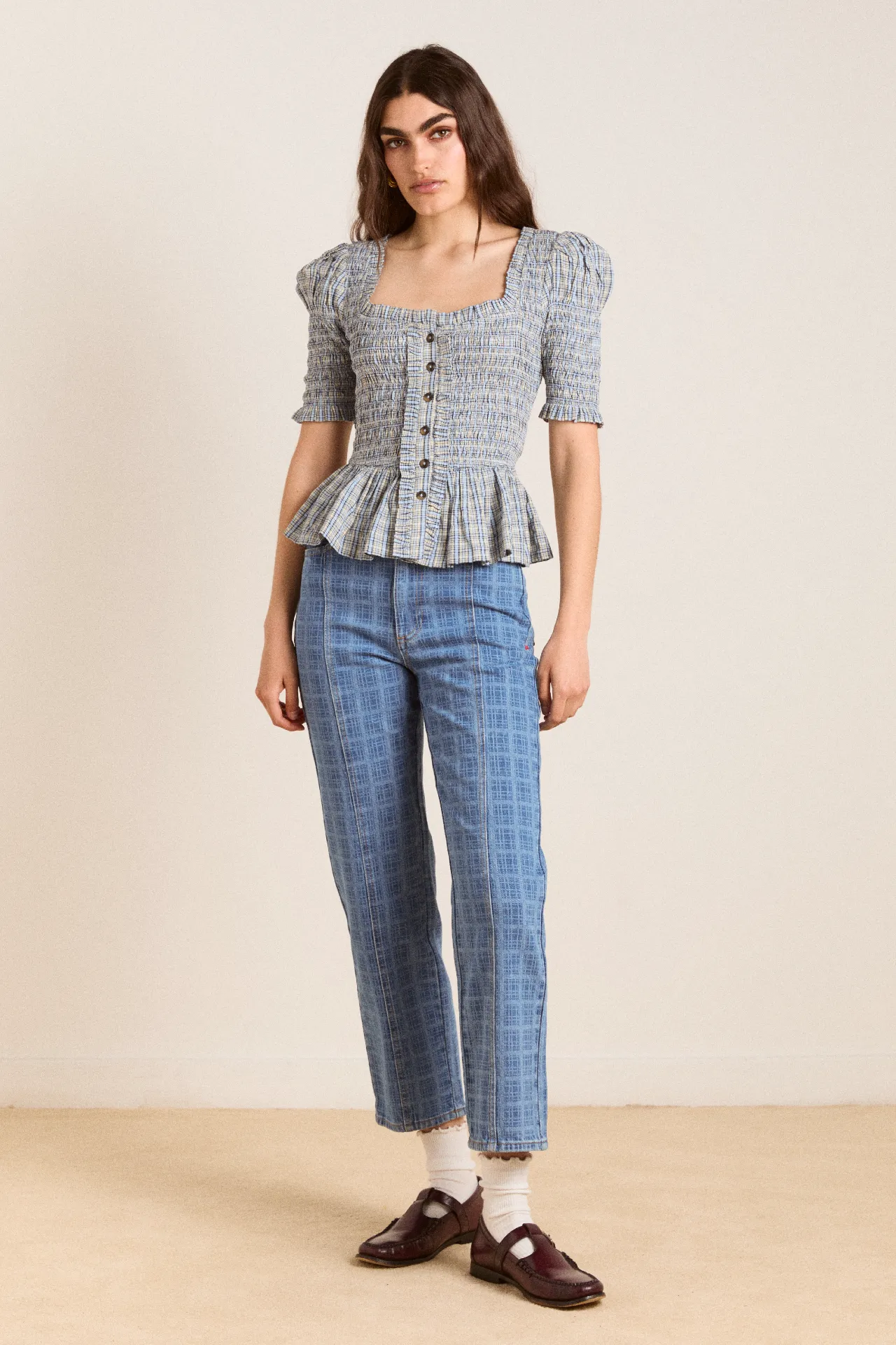 mansi shirred blouse - cloudy check sold by Damson Madder product image thumbnail 2