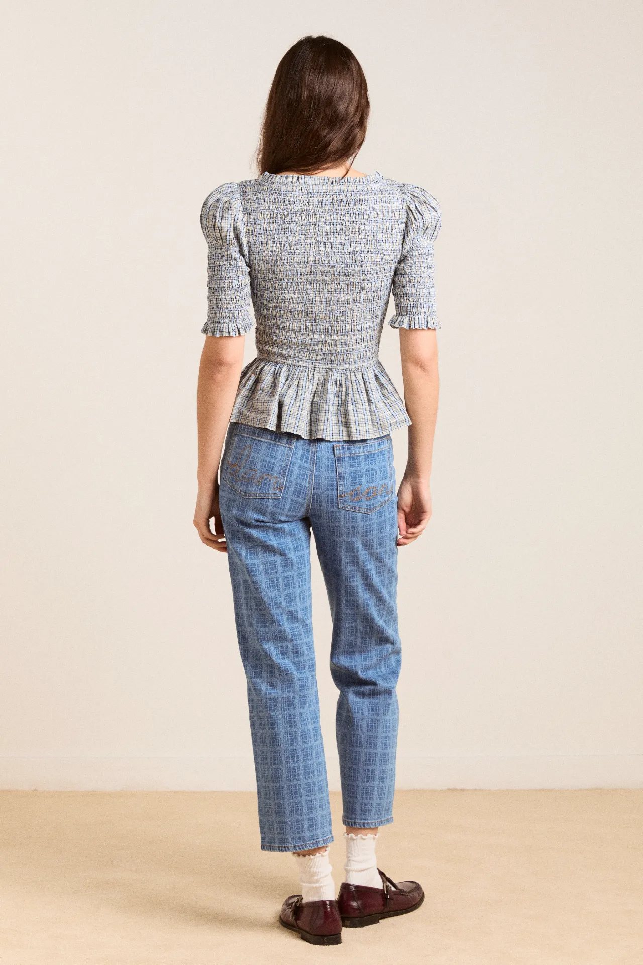 mansi shirred blouse - cloudy check sold by Damson Madder product image thumbnail 5