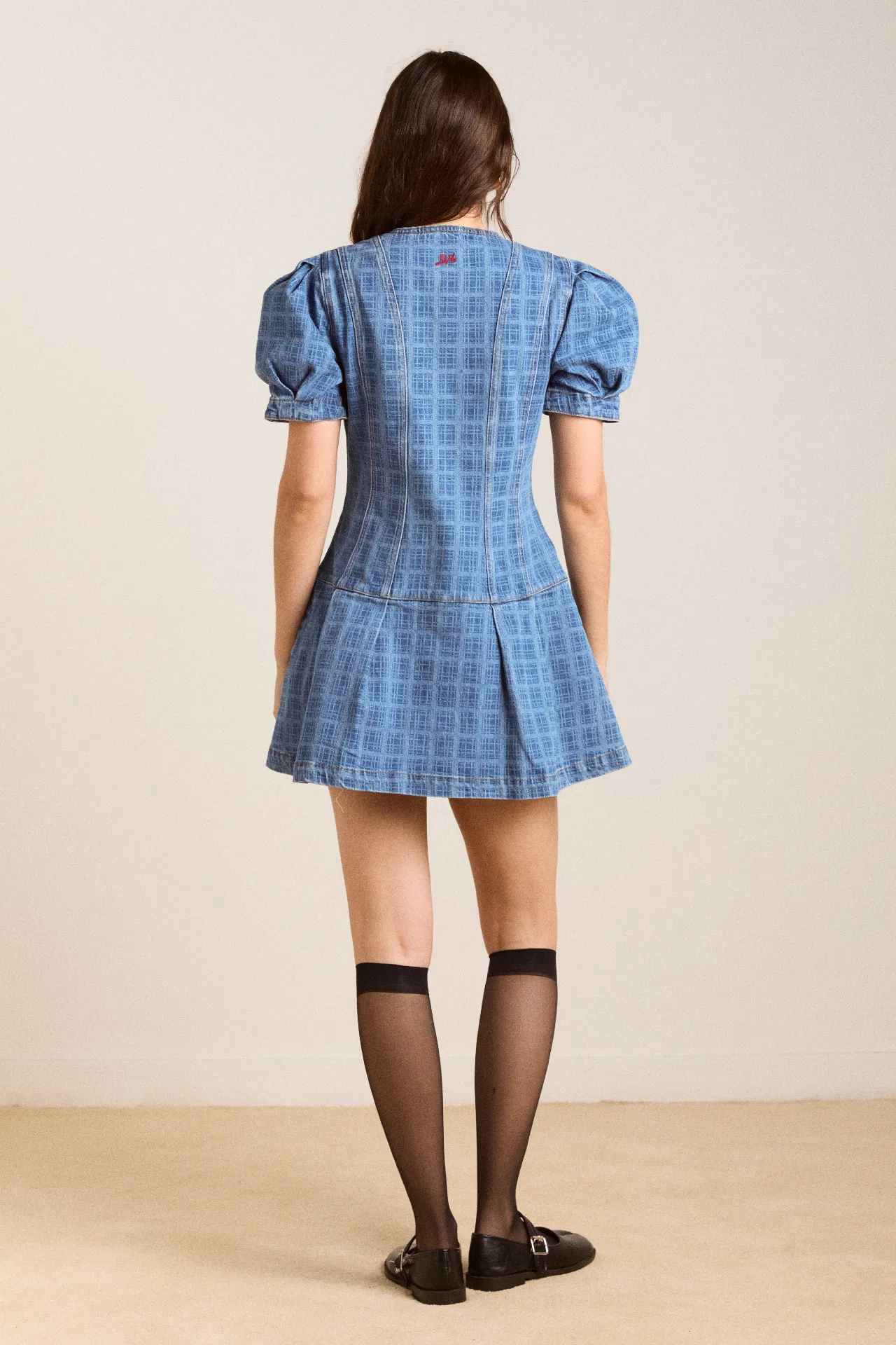 adeline denim mini dress - laser check sold by Damson Madder product image thumbnail 3