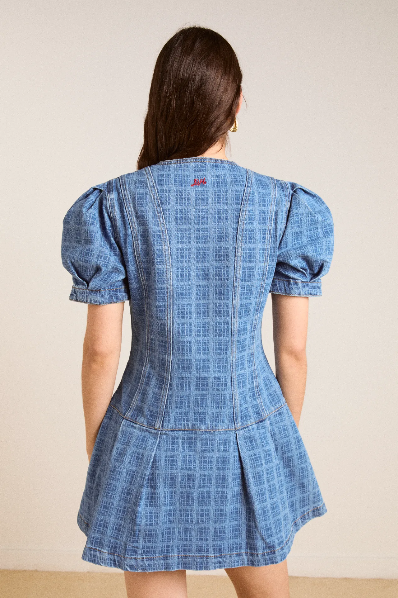 adeline denim mini dress - laser check sold by Damson Madder product image thumbnail 5