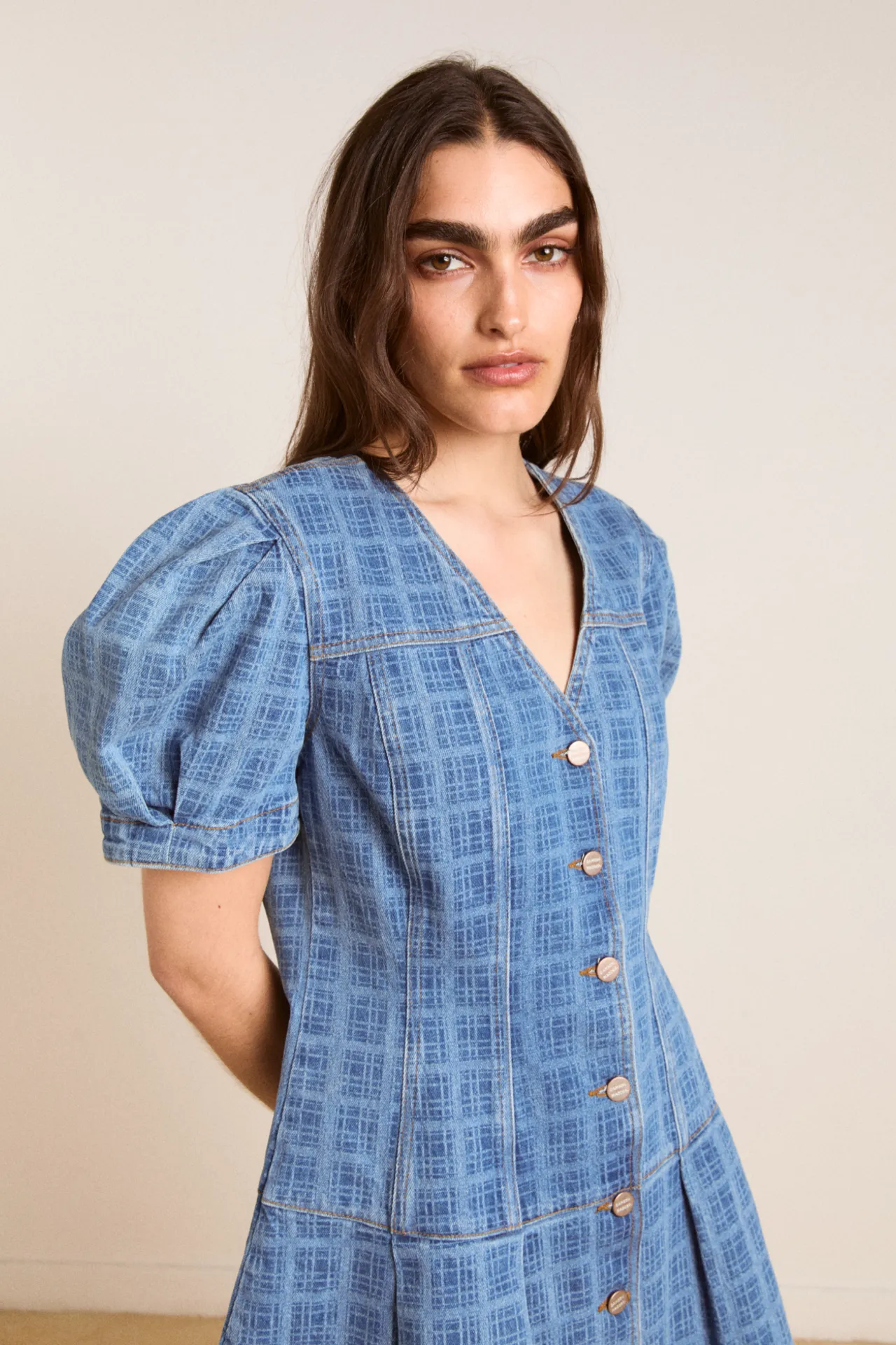 adeline denim mini dress - laser check sold by Damson Madder product image thumbnail 2