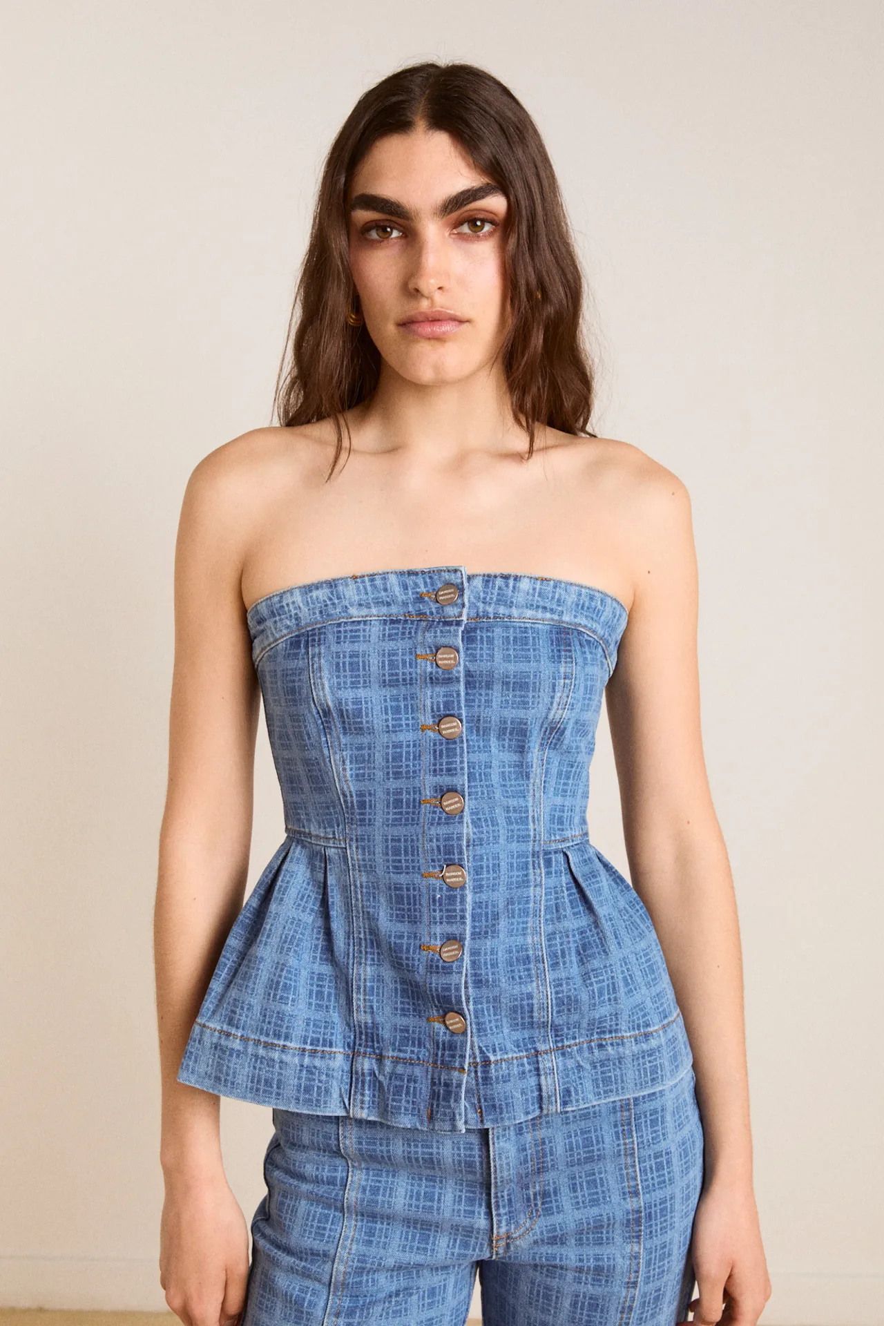 eloise denim top - laser check sold by Damson Madder