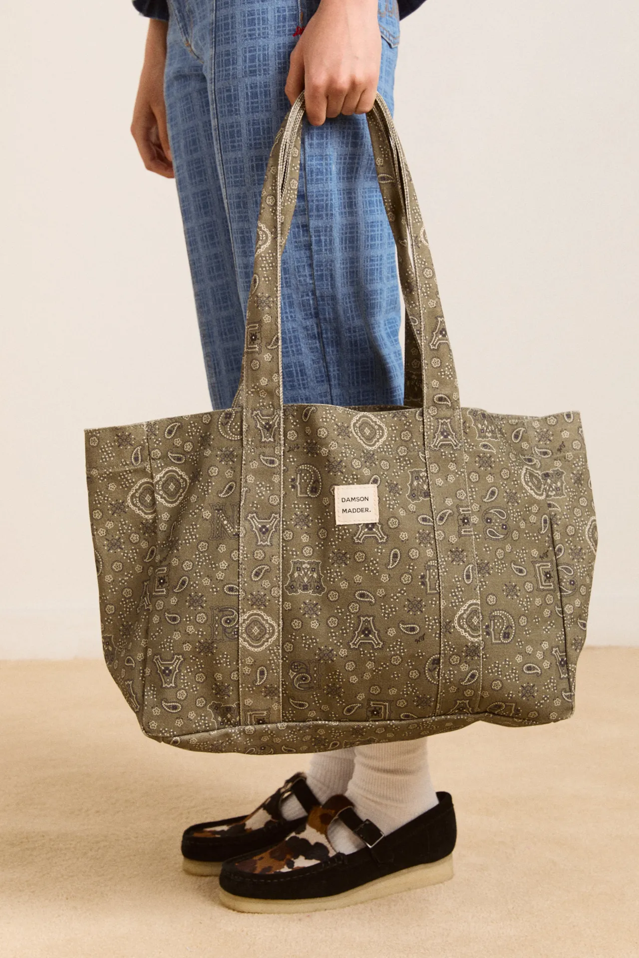 dm canvas tote - olive paisley print sold by Damson Madder
