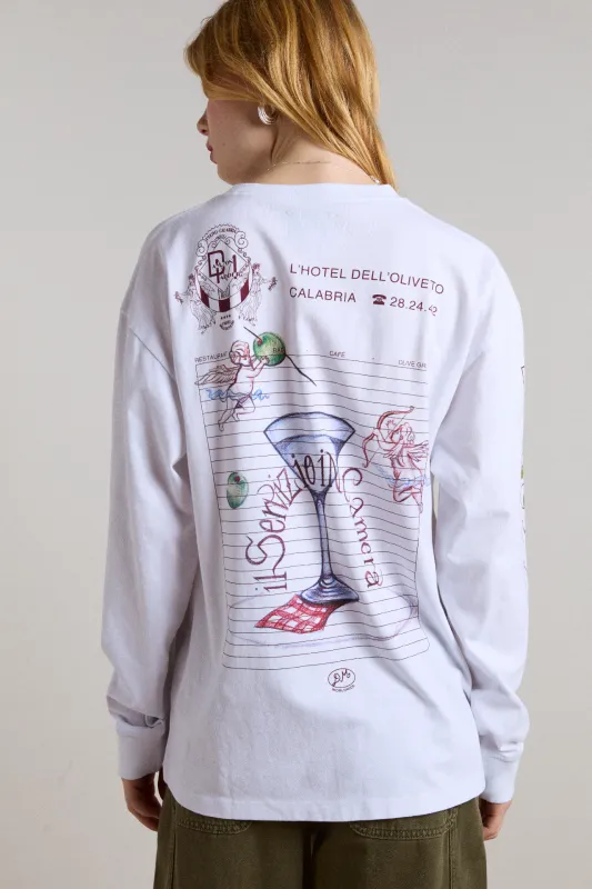 olive hotel long sleeve tee - white sold by Damson Madder