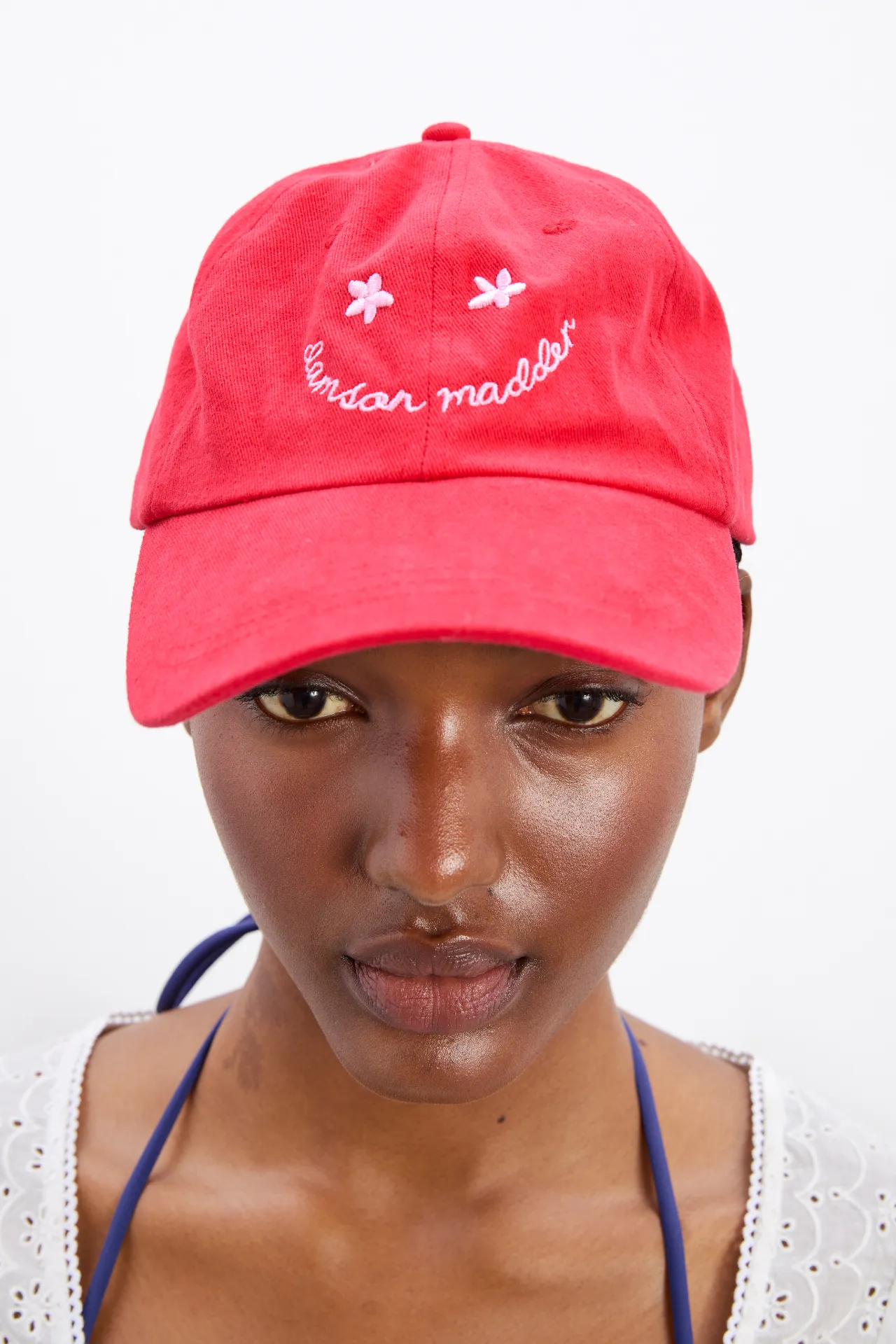 smiley cap in red with pink embroidery sold by Damson Madder product image thumbnail 2
