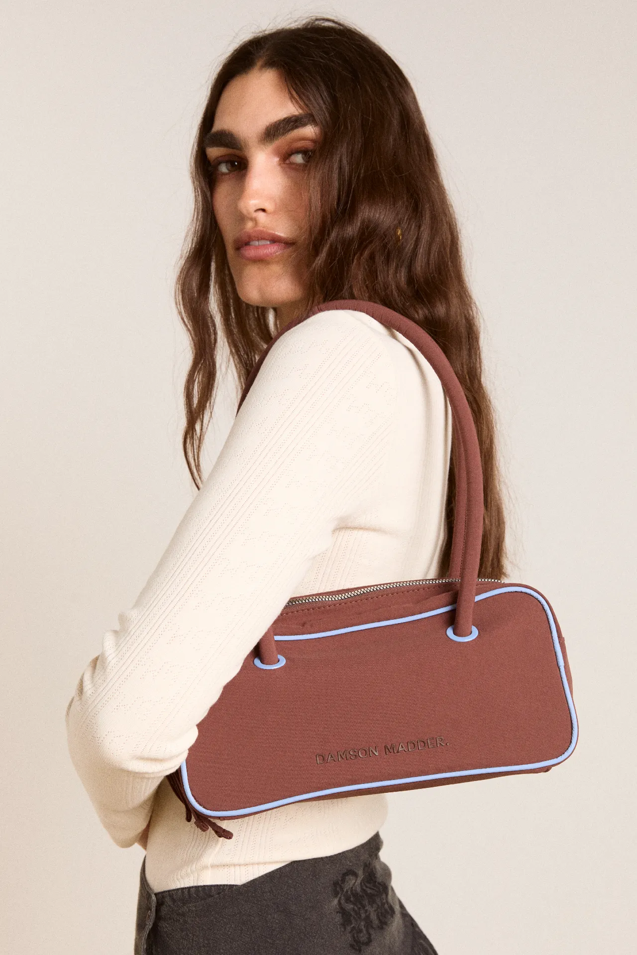 benny mini bowler bag - choc & blue sold by Damson Madder