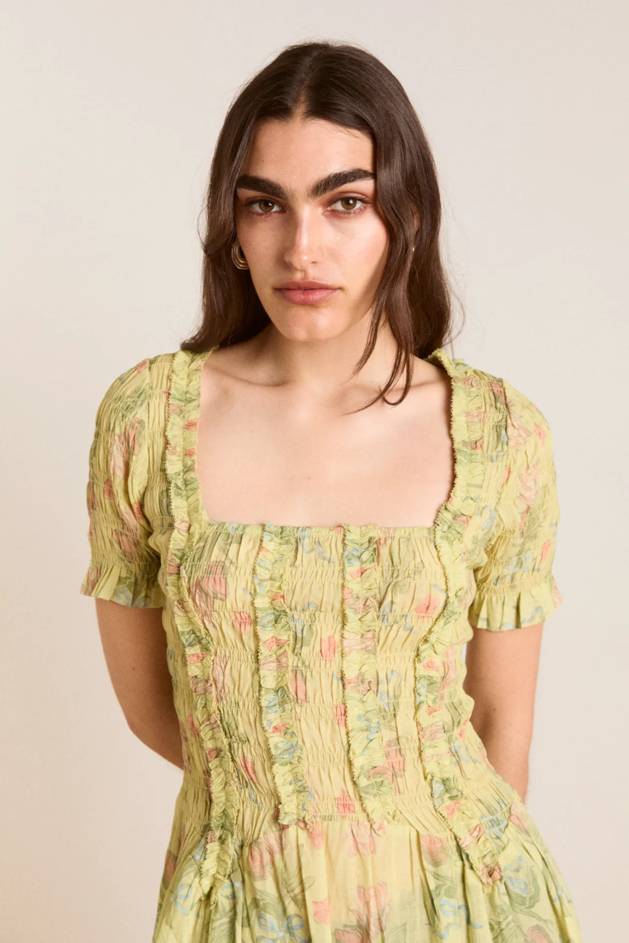 raphaela ruffle midi dress - sheer tulip olive sold by Damson Madder product image thumbnail 2
