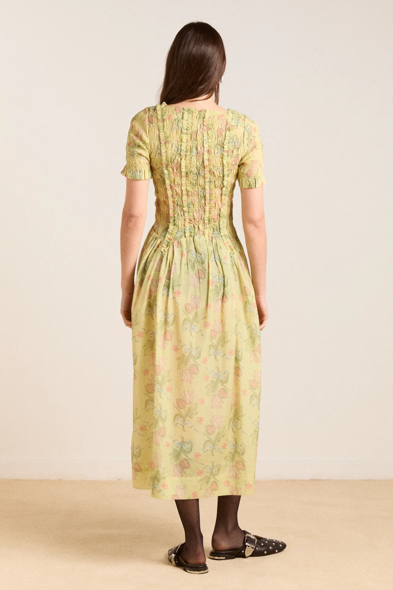 raphaela ruffle midi dress - sheer tulip olive sold by Damson Madder product image thumbnail 4