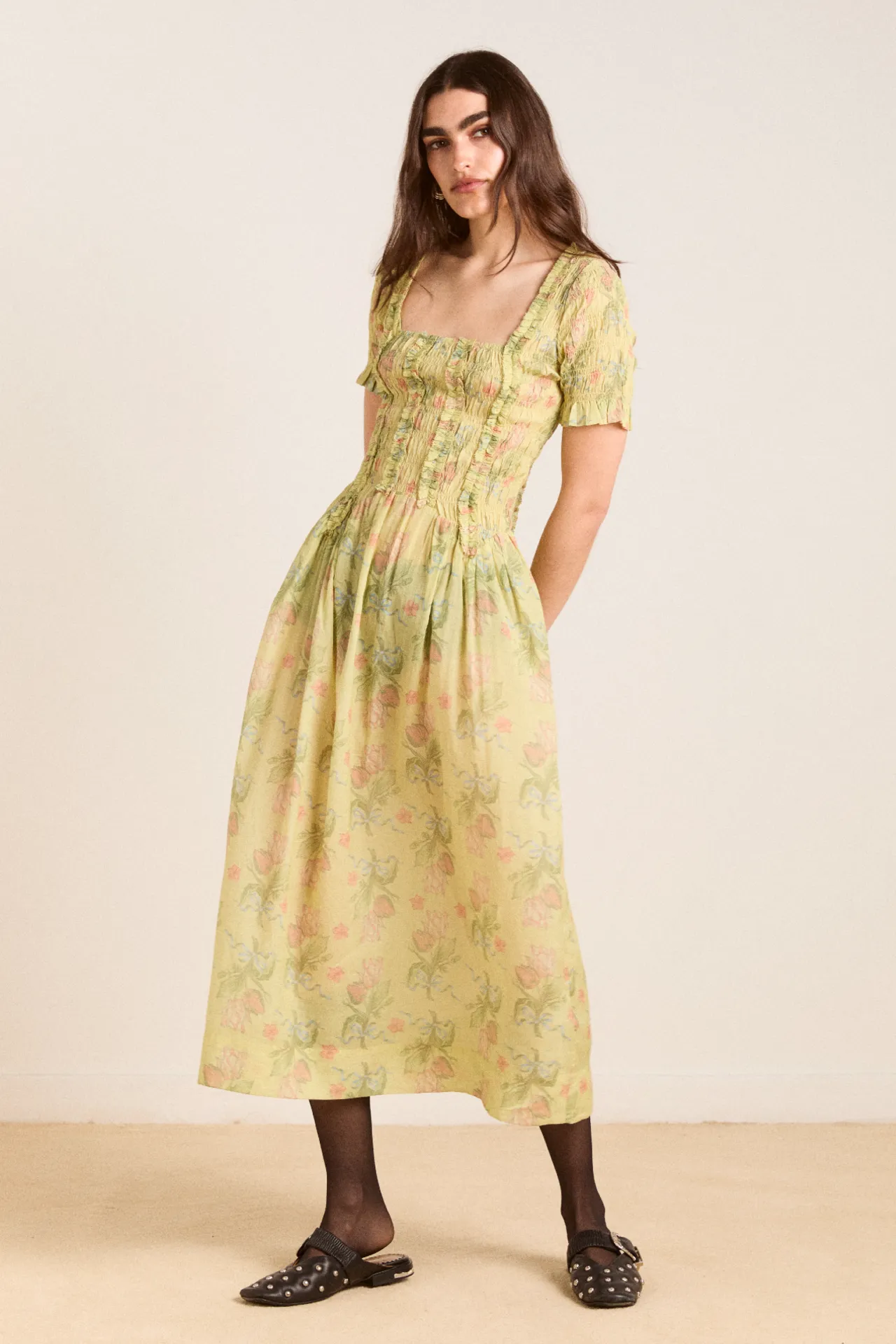 raphaela ruffle midi dress - sheer tulip olive sold by Damson Madder product image thumbnail 3