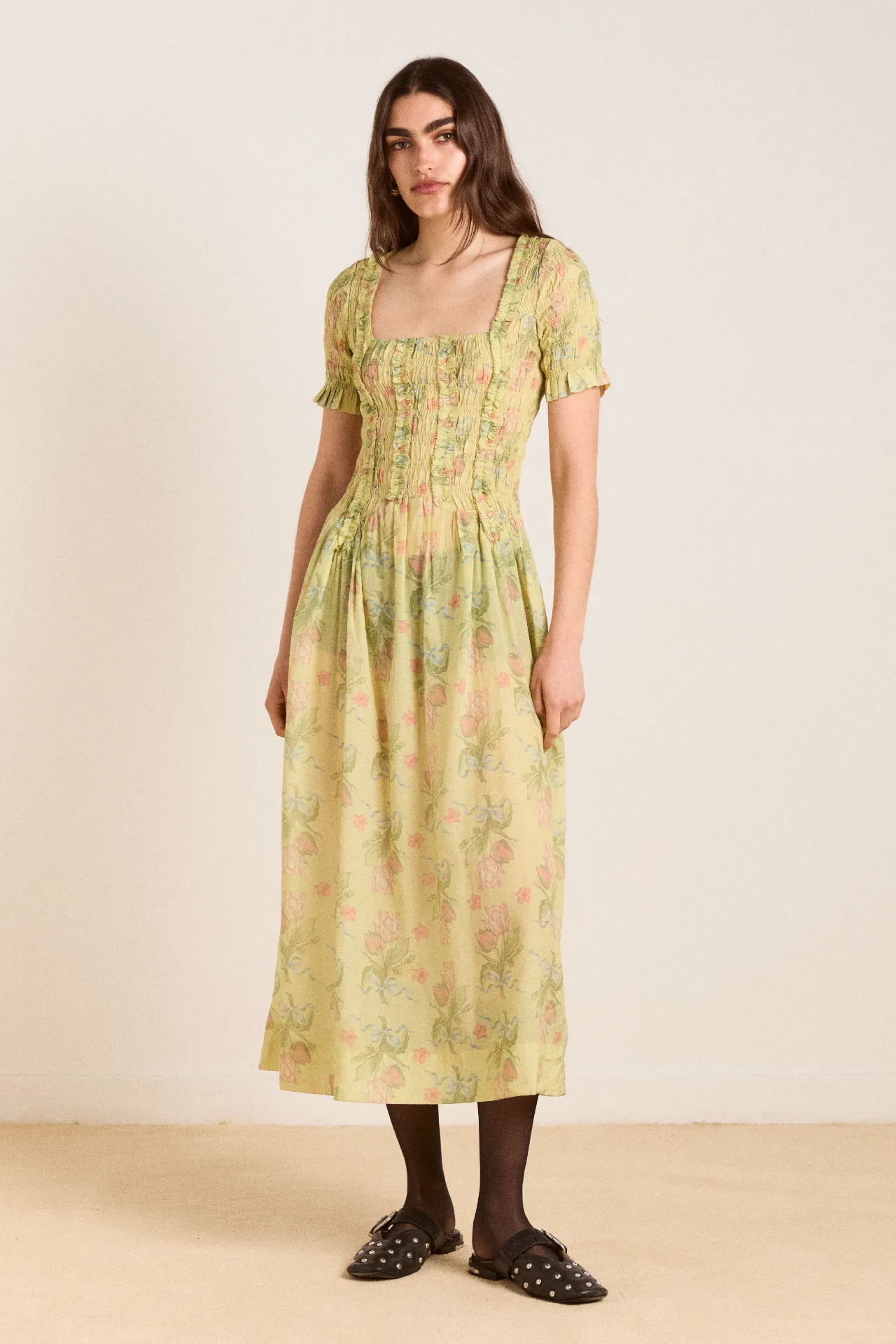 raphaela ruffle midi dress - sheer tulip olive sold by Damson Madder