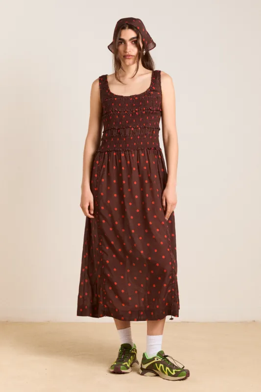 cynthia sheer midi dress - burgundy spot sold by Damson Madder
