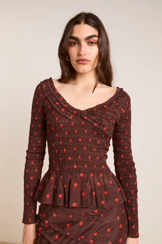 suri shirred sheer blouse - burgundy spot sold by Damson Madder