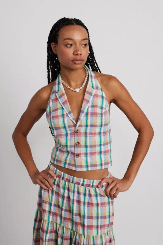 maya waistcoat - picnic check sold by Damson Madder