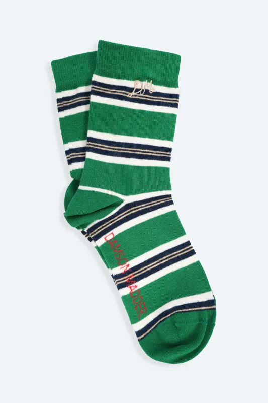 calf length sock in green stripe sold by Damson Madder