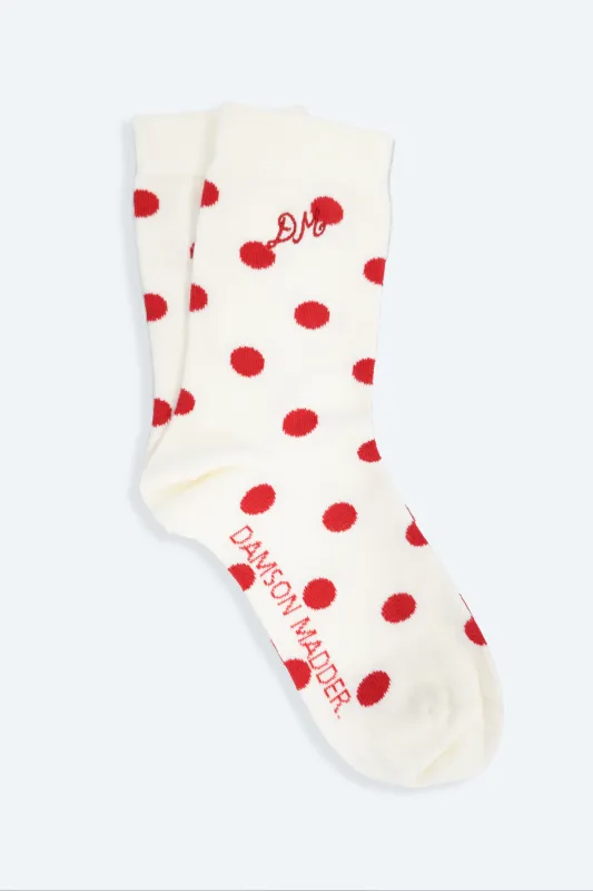 calf length socks in white & red polka dot sold by Damson Madder