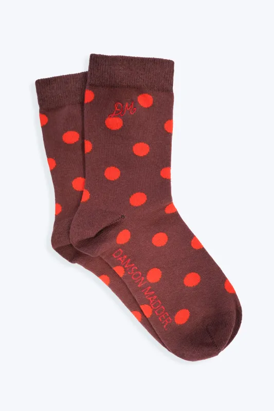calf length socks in burg & red polka dot sold by Damson Madder