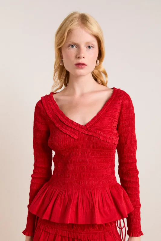 suri shirred cotton satin blouse - red sold by Damson Madder