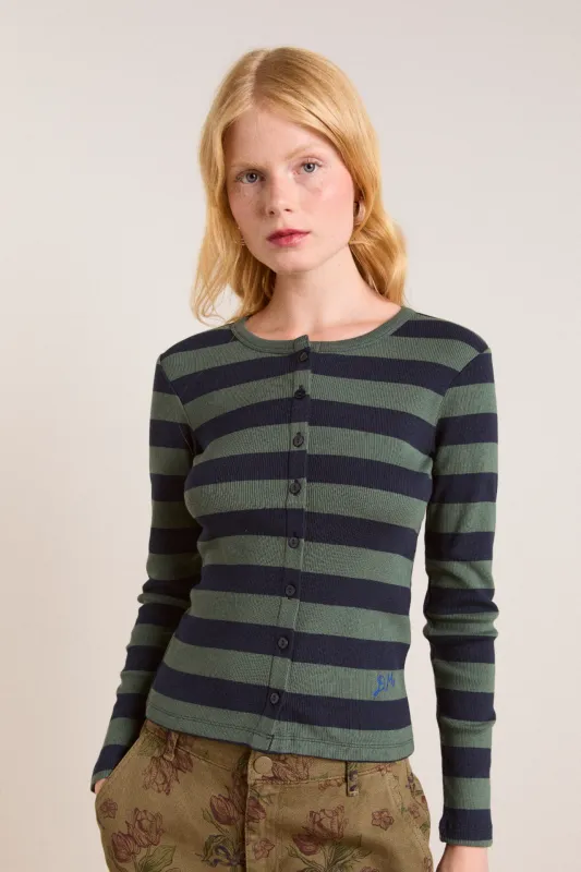 sybil stripe crew cardigan - green/navy stripe sold by Damson Madder