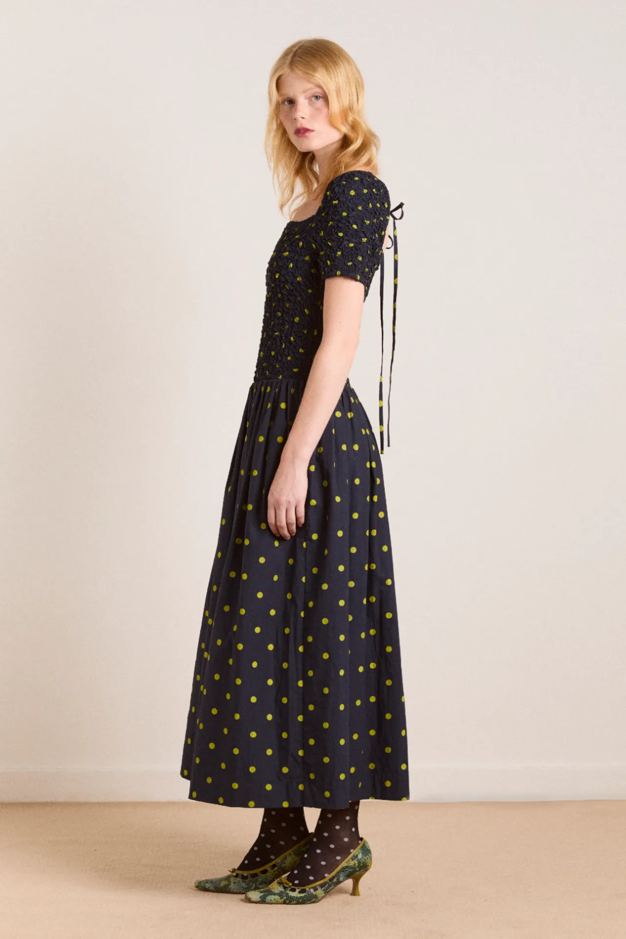 malinda super smocked midi dress - navy olive spot sold by Damson Madder product image thumbnail 4