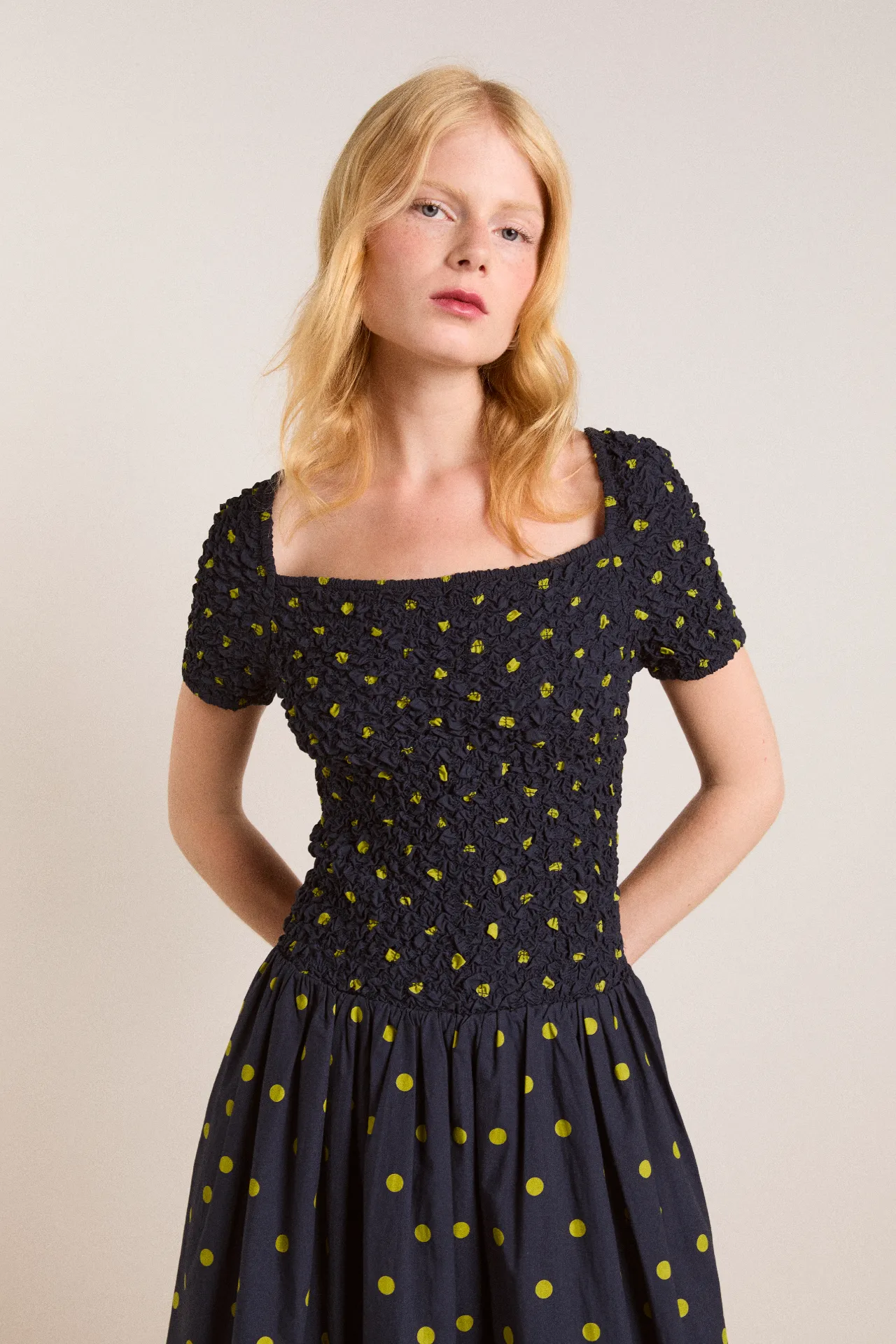 malinda super smocked midi dress - navy olive spot sold by Damson Madder product image thumbnail 2