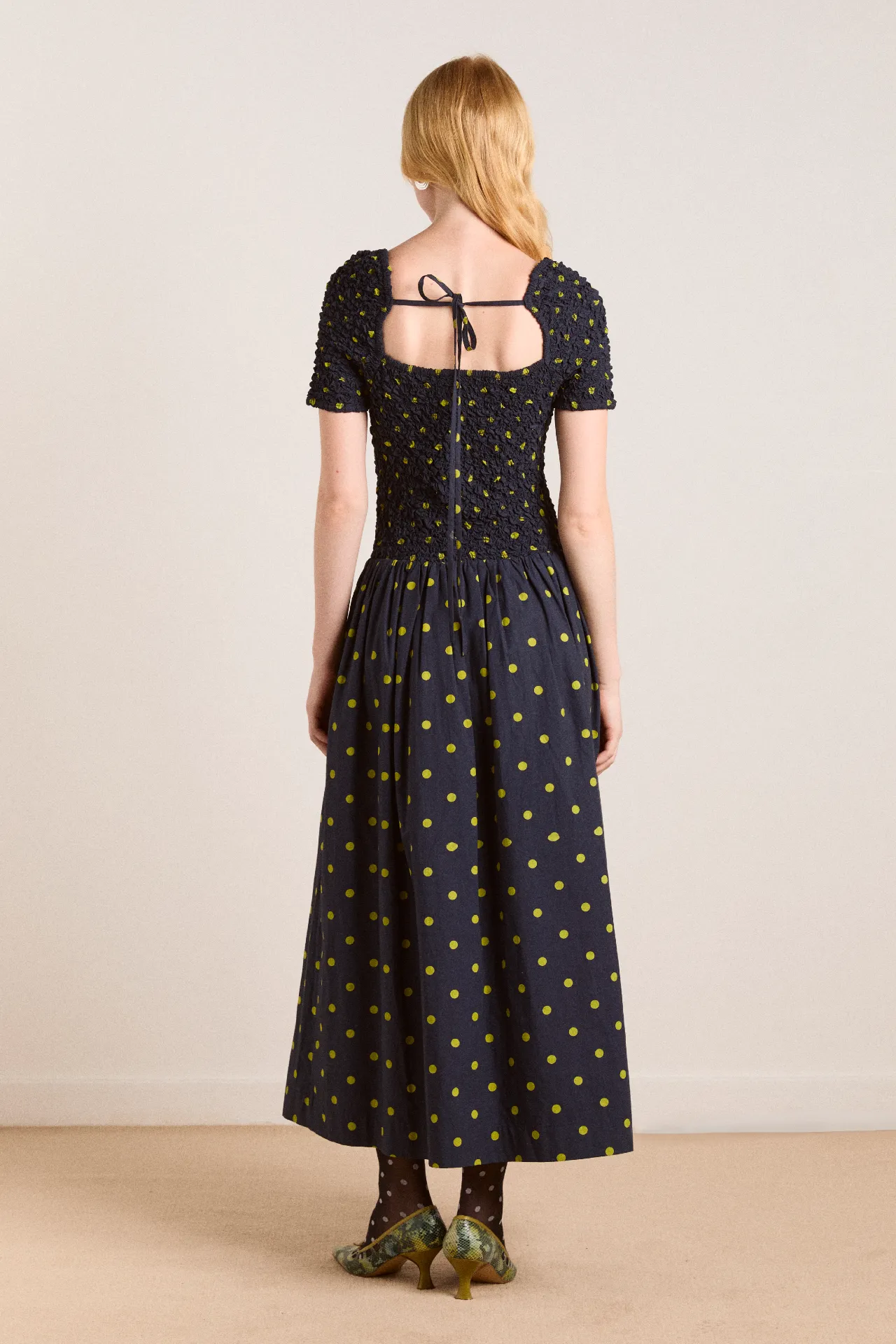 malinda super smocked midi dress - navy olive spot sold by Damson Madder product image thumbnail 3
