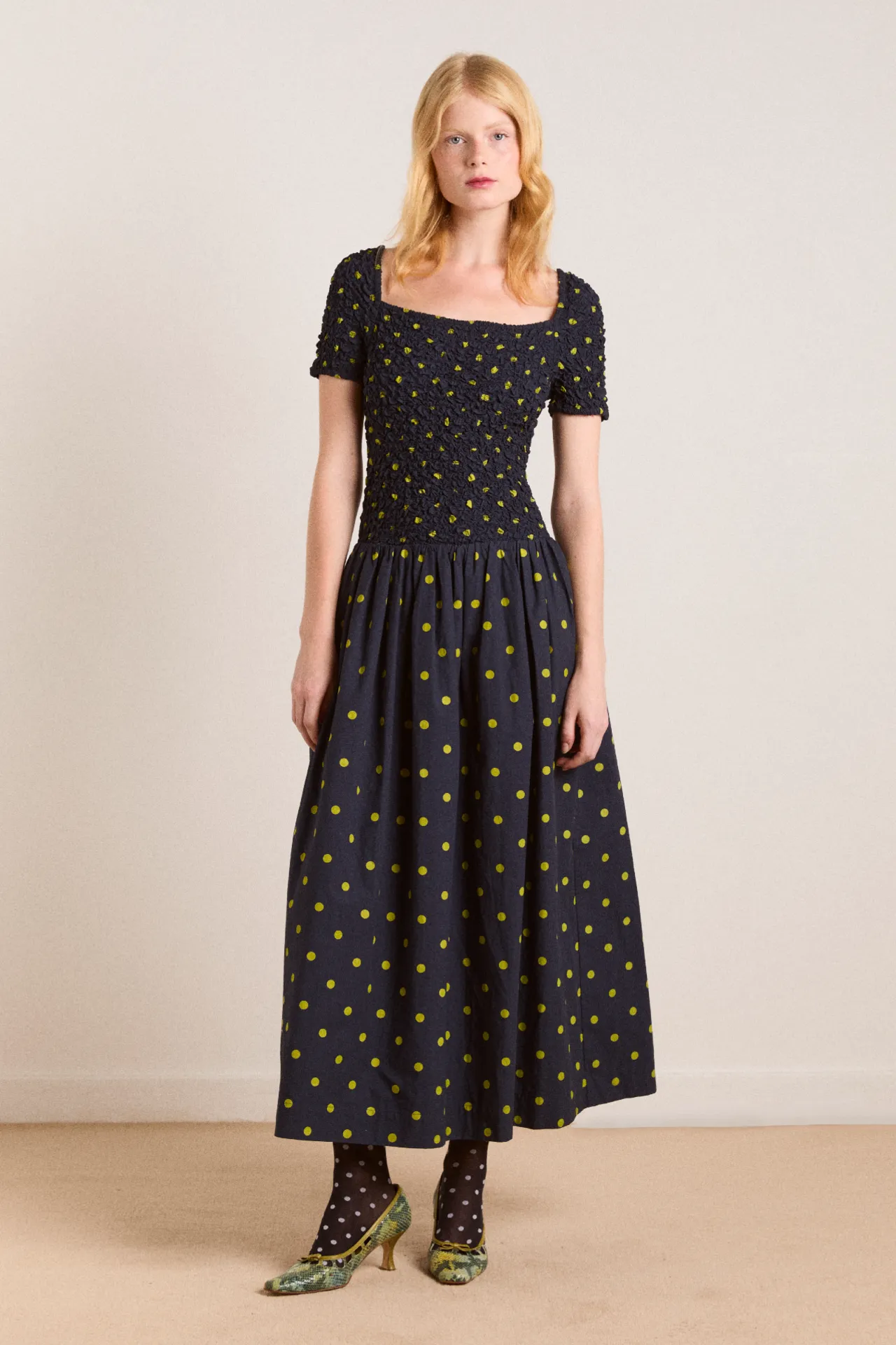 malinda super smocked midi dress - navy olive spot sold by Damson Madder product image thumbnail 5