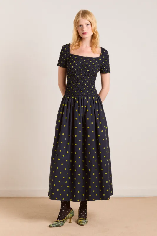 malinda super smocked midi dress - navy olive spot sold by Damson Madder