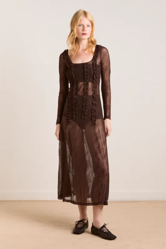 raphi lace midi dress - coffee sold by Damson Madder