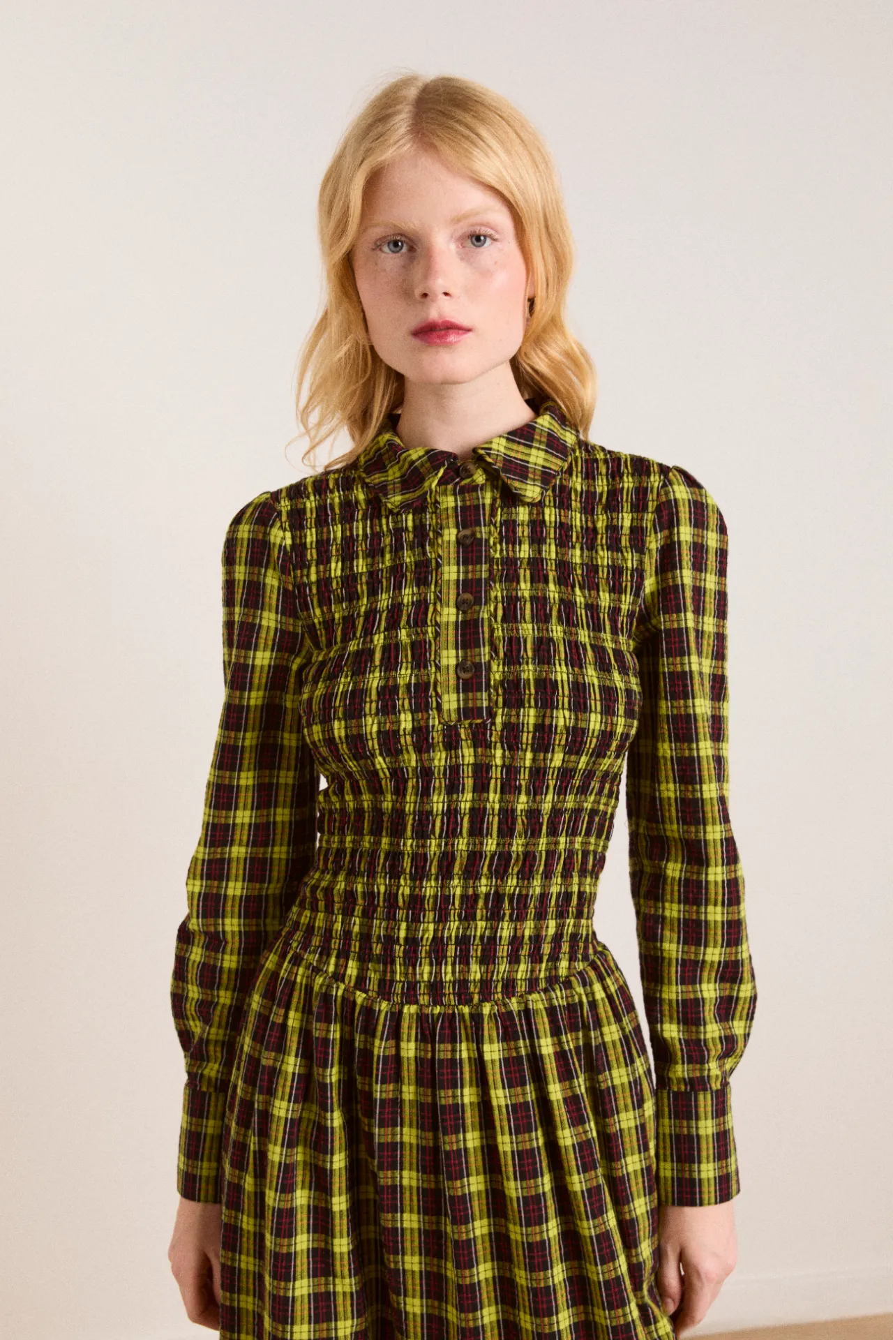 hazel long sleeve midi dress - bold yellow check sold by Damson Madder product image thumbnail 2