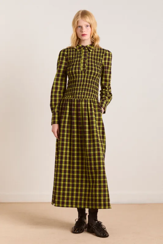 hazel long sleeve midi dress - bold yellow check sold by Damson Madder
